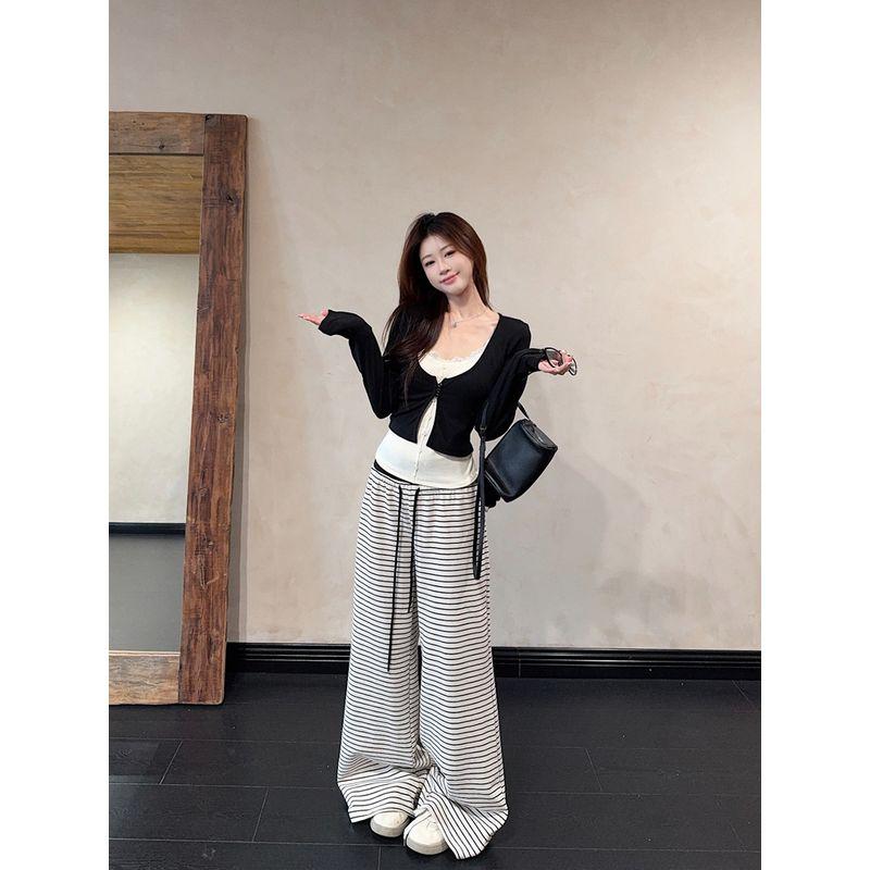Kumikumi Casual Suit Fake Two-Piece Stitching Long Sleeve T-shirt Women Fall Stripes Drawstring Loose Pants Two-piece Set