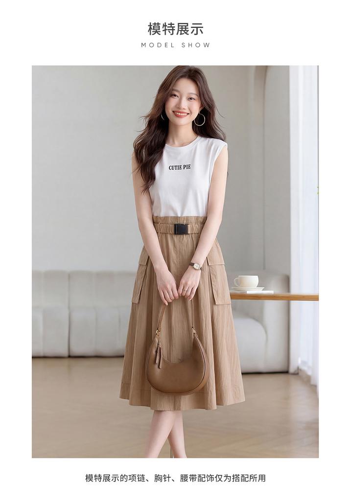 Summer intellectual elegant women's dress 2026 waist cinching slimming women's mid length skirt color blocked A-line skirt