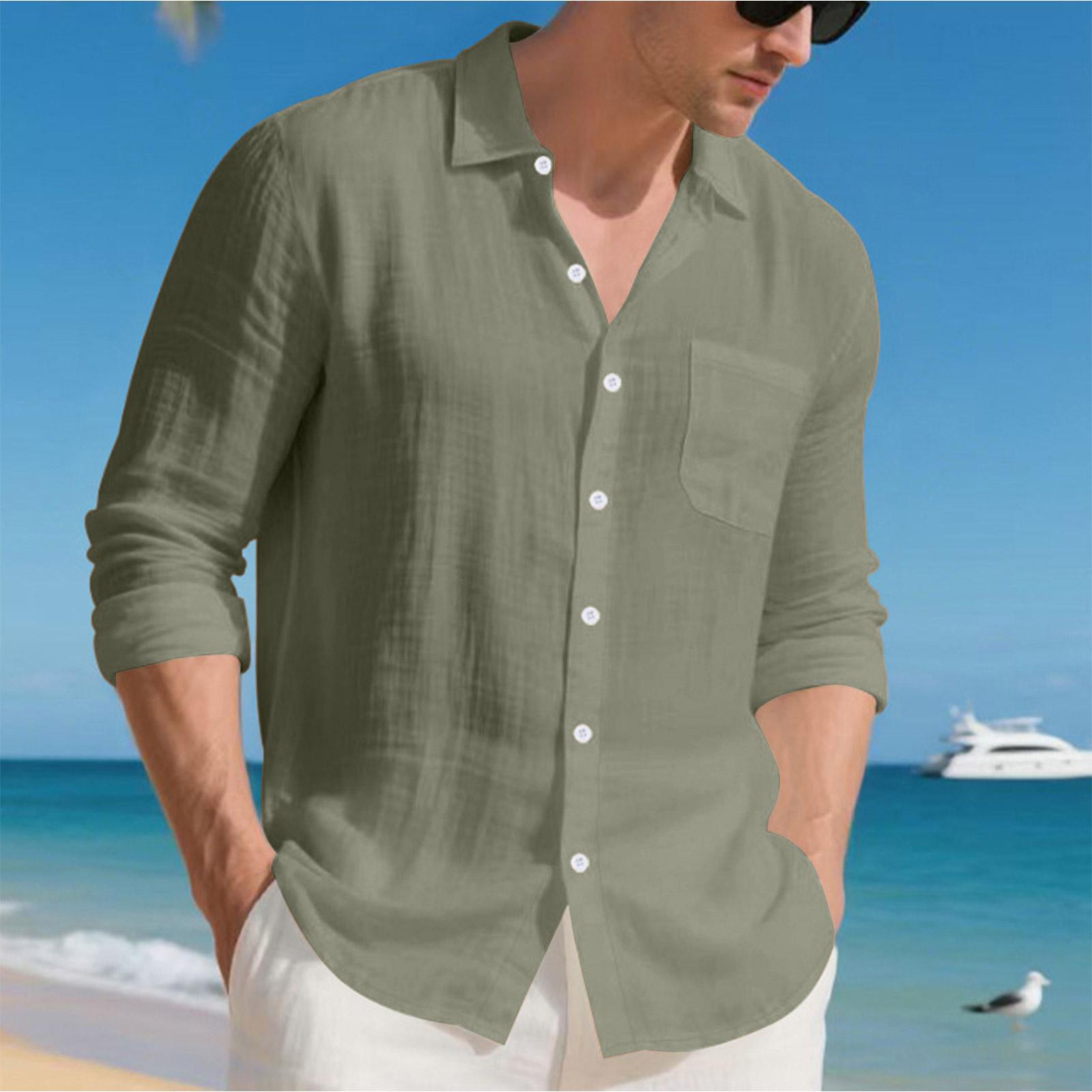 Men s Color Loose-Fit Linen Long-Sleeved Collared Shirt Cardigan M