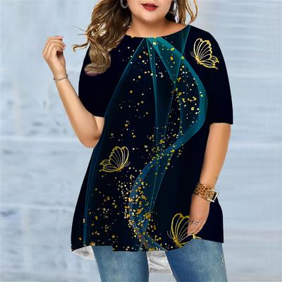 T-shirt Estiva da Donna Taglie Forti con Stampa Ballo di Farfalle Comoda a Maniche Corte Girocollo T-shirt Casual Ampia di Media Lunghezza