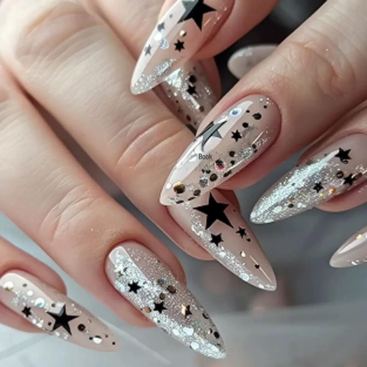 

Black Pentagram Glitter False Nails - Short Almond Wearable Nail Tips