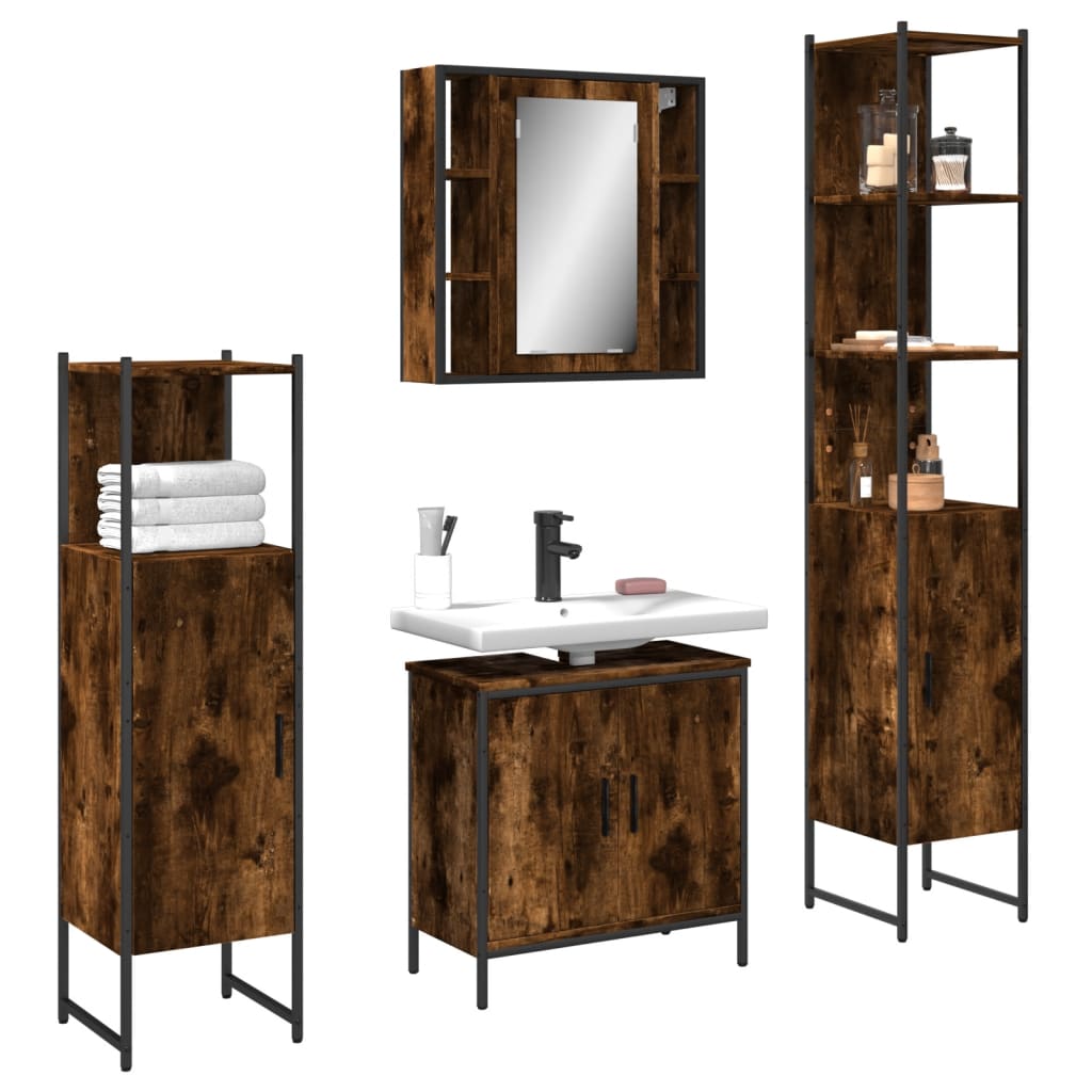 4 Piece Bathroom Furniture Set Smoked Oak Wood Based Material