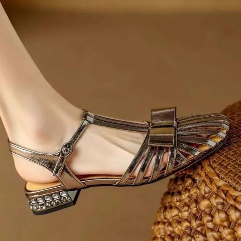 fashion 2024 New Fashion Women's Sandals Buckle Spring and Summer Square Toe Low Heel Big Toe Roman Sandals Zapatos De Mujer Shoes