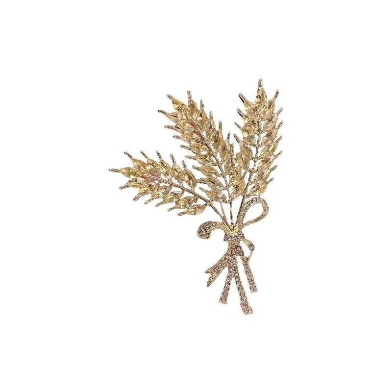 Luxury Golden Wheat Metal Brooch for Women Suit Sweater Stylish Lapel Pins Exquisite Rhinestones Jewelry Accessories Couple Gift