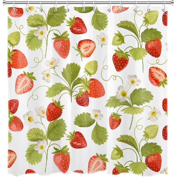 Red Strawberry Shower Curtain for Bathroom Nature Fruit and White Floral Green Leaf Plant Bathroom Shower Curtains with Hooks, Spring Country