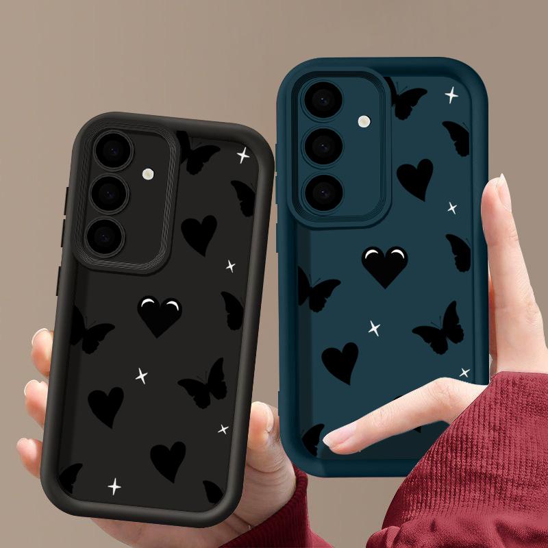 Love Hearts Butterfly Print Shockproof Phone Case For Samsung S25 Ultra S24 FE S23 S22 A56 A36 A16 A55 A06 A15 A35 A05 Matte TPU Soft Bumper Cover