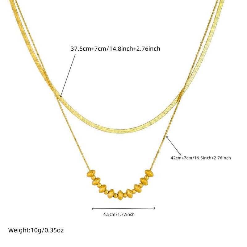 Gold Double Layer Herringbone Chain Bead Station Necklace