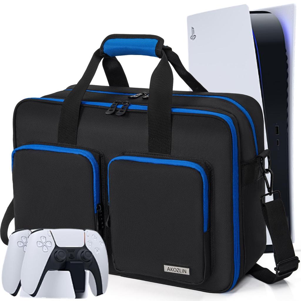 AKOZLIN PS5 Storage Protective Case for Travel Carrying Multifunctional Shoulder Bag for Controller Large Black Blue Bag, PS5/PS4, Bag, Travel,