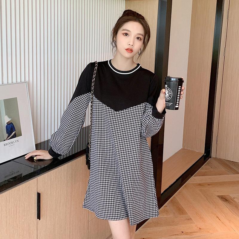 New maternity new autumn and winter clothing thousand bird grid loose top pregnant women spring and autumn medium and long dress