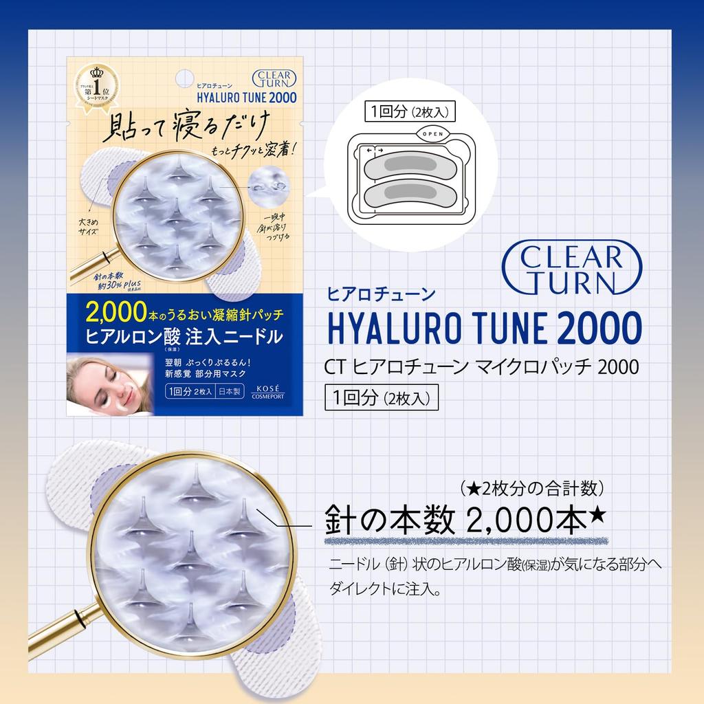 Clear Turn Hyalotune Micro Patch 2000 Needle Spot Face Pack and Mouth Hyaluronic 2000 Reduces Dark Circles and Fine Single Use KOSE Patch, (Eye Area),