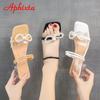 Aphixta 2025 Summer 4cmTransparent Square Heels Women Sandals Slides Pearl Butterfly-knot Open Toe Flip Flops Mujer Big Size 45