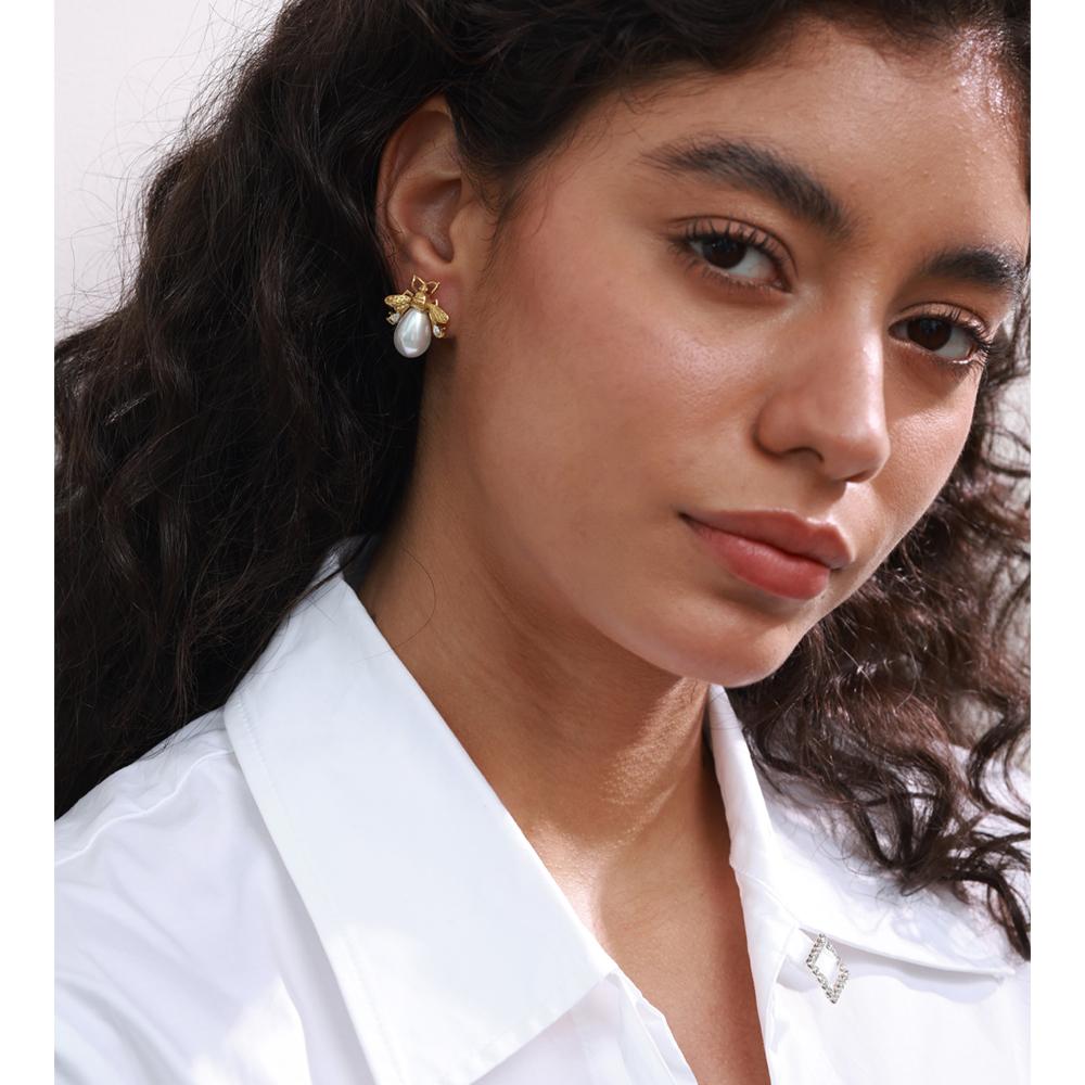 Yhpup Popular Simulated Pearls Zircon Bee Stud Earrings Golden Stainless Steel Attractive Chic Jewelry New Wholesale