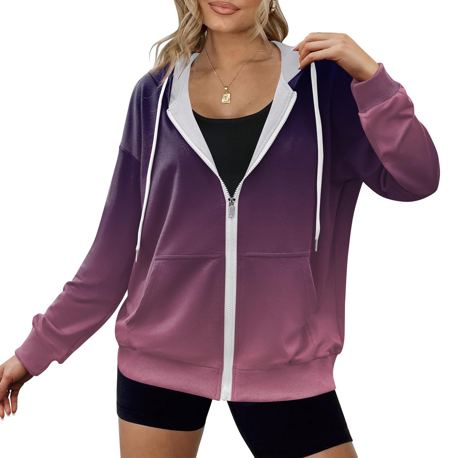 

Женская повседневная модная толстовка с капюшоном, длинным рукавом, молнией, градиентной полоской и принтом XL фиолетовый