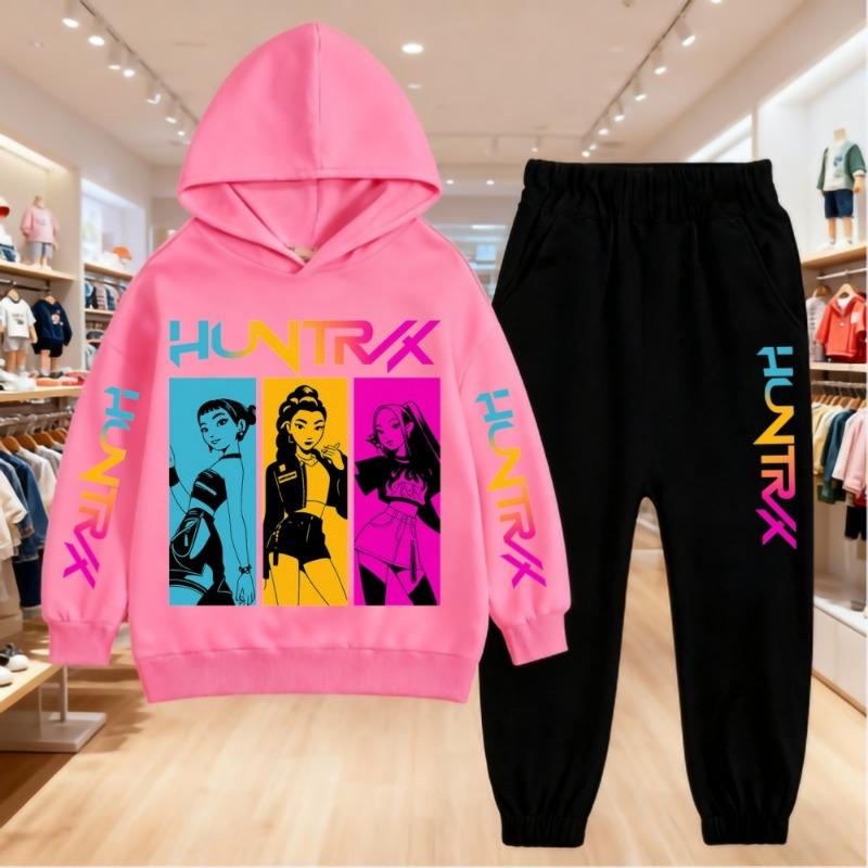 KPop Demon Hunters Printing Hoodies Sets Kids Clothes Children Hoodie+pants Suitable 3-12 Years Boys Girls Pink Black Sweatshirt