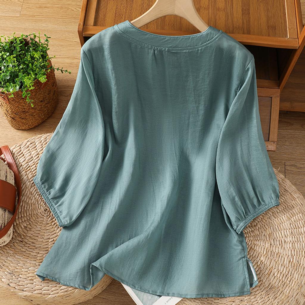 Women Fashion Solid Color Round Neck Half Sleeve Chinese Style Cotton Linen Shirt Floral Embroidery Button Blouse Casual Top