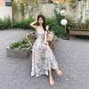 Women's Summer Floral Strappy Long Dress - French Blue Oil Painting Beach Vacation Dress