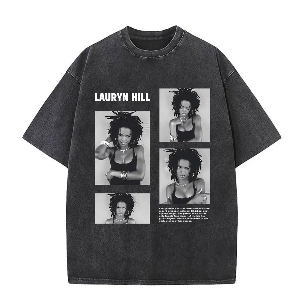 Washed Vintage Singer Lauryn Hill Graphic Print Tshirt Men Women Clothing Hip Hop Fashion Street Oversized Crewneck Tee Shirts