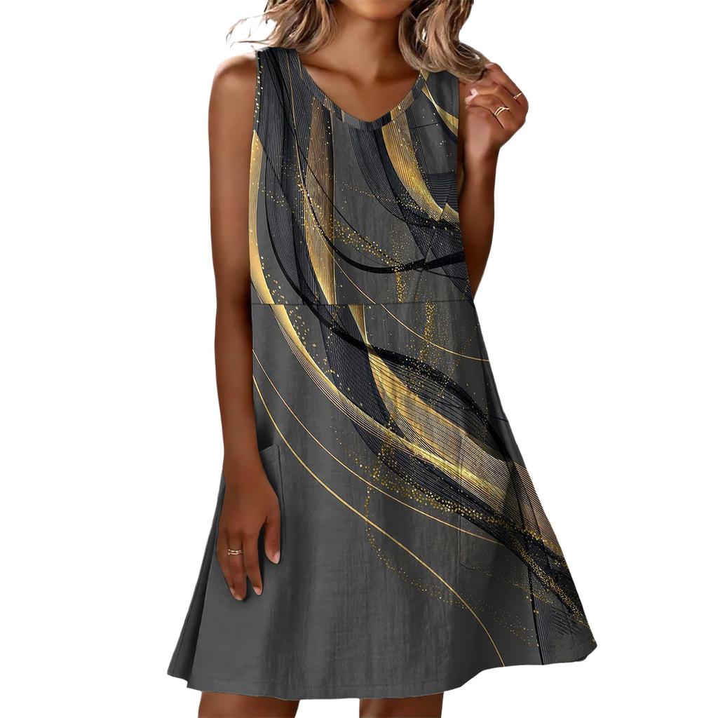 Summer Dresses For Women Loose Beach Vacation Casual Sleeveless V-neck  Sundresses With Pockets Tank Dress