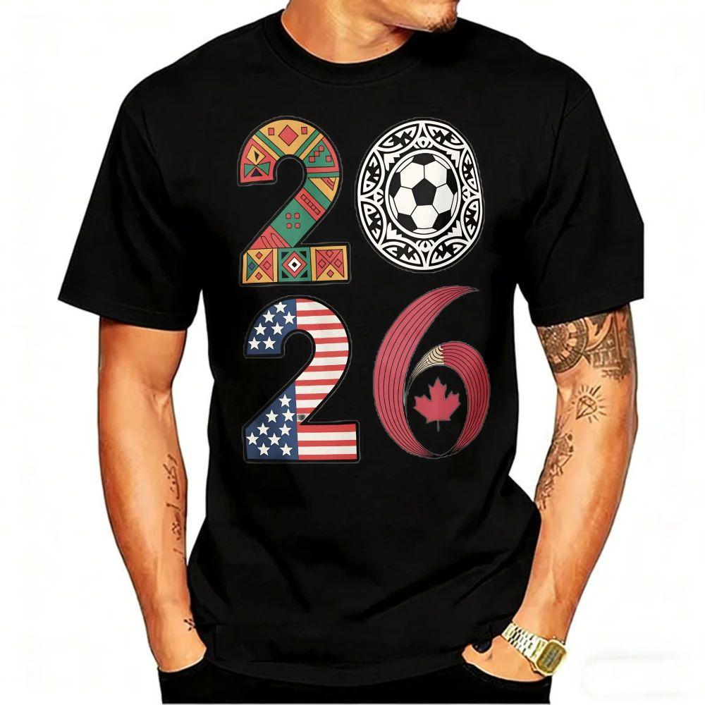 2026 USA Canada Mexico Soccer T-Shirt Cotton Shirt Tribal & Flag Graphic Tee, Ideal Gift for North American Football Enthusiasts