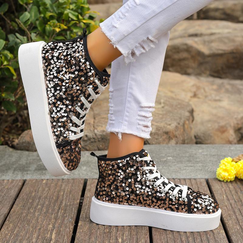 Fashion Luxury Sequined Thick Bottom Skate Shoes Women 2025 Autumn Round Toe Lace Up Casual Shoes Comfort Soft Sole Non Slip Sneakers
