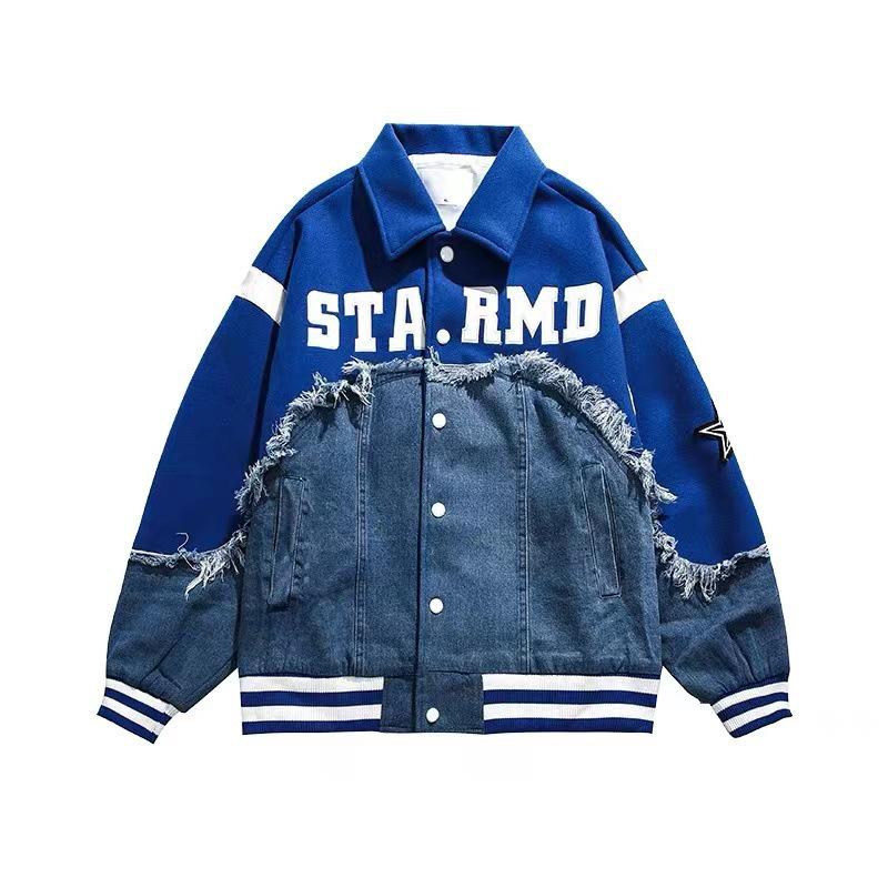 Unisex Woolen Patchwork Denim Jacket: Fashionable Spring & Autumn Embroidered Baseball Style for Couples.