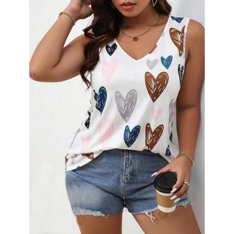 Summer new collar large size vest casual comfortable top women's love print