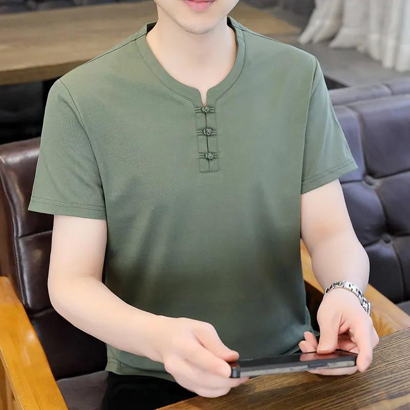 Chinese Style Men's Short Sleeve Tshirts Summer Men Thin Tang Costume Cotton Shirts Youth Fashion V Neck T-Shirt Male Tops Tees