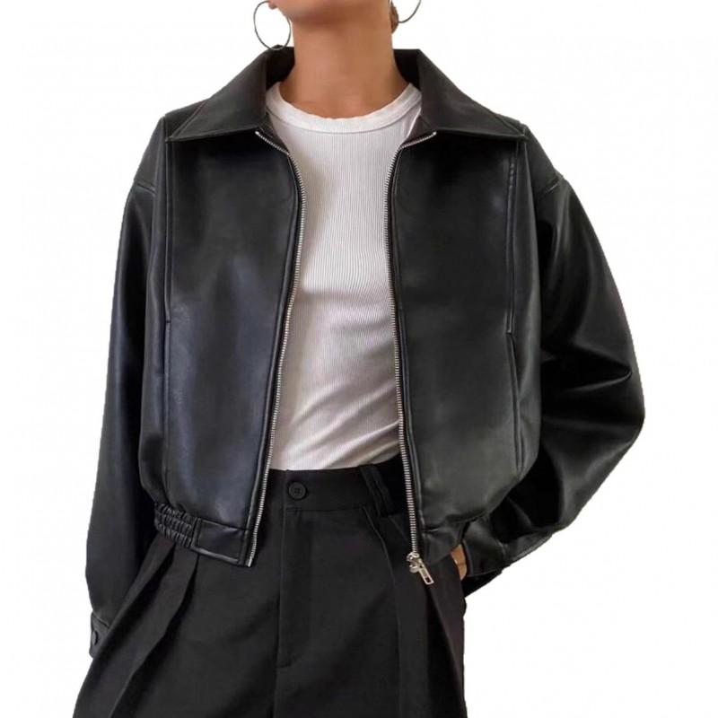 Womens Vintage Brown Leather Jacket Fall Winter Short Cool Biker Coat Petite Women