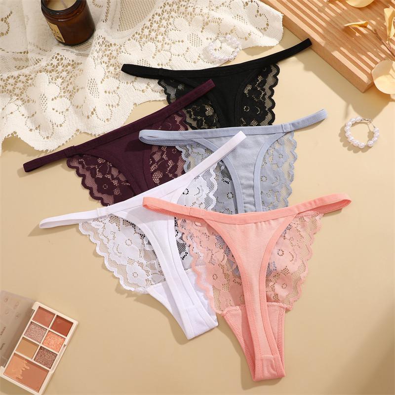 FINETOO Lace Thong for Women Seamless Lingerie Ice Silk Underwear T-back Panty