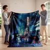 A Vibrant Futuristic Cityscape with Neon Lights, Rain, and Flying Vehicles. for All Seasons Blanket Lunch Break Throw Gift