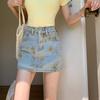 High Waist Elastic Flower Print Retro Denim Skirt Summer Spice Girl Hip Wrap Denim Skirt