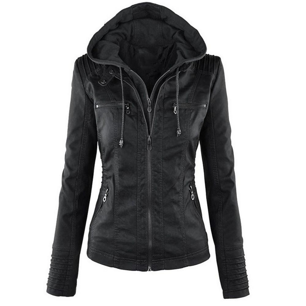 Giacca da Moto da Donna Monocolore Manica Lunga Cappotto con Cerniera Inverno Slim Giacca in Pelle PU Morbida Giacca Donna