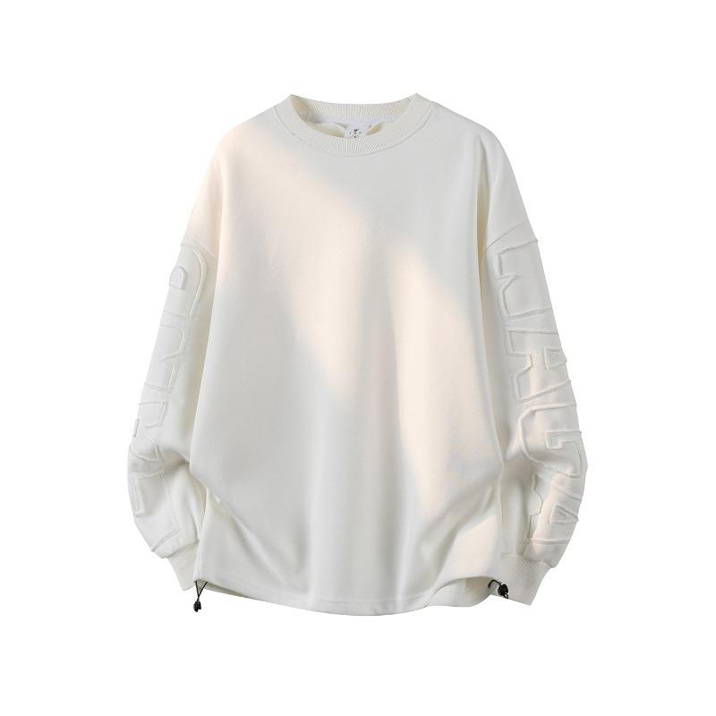 Men's Embossed Sleeve Crew Neck Sweatshirt, Gradient Wash Casual Pullover with Drawstring Hem, Oversized Streetwear Top for Spring & Autumn