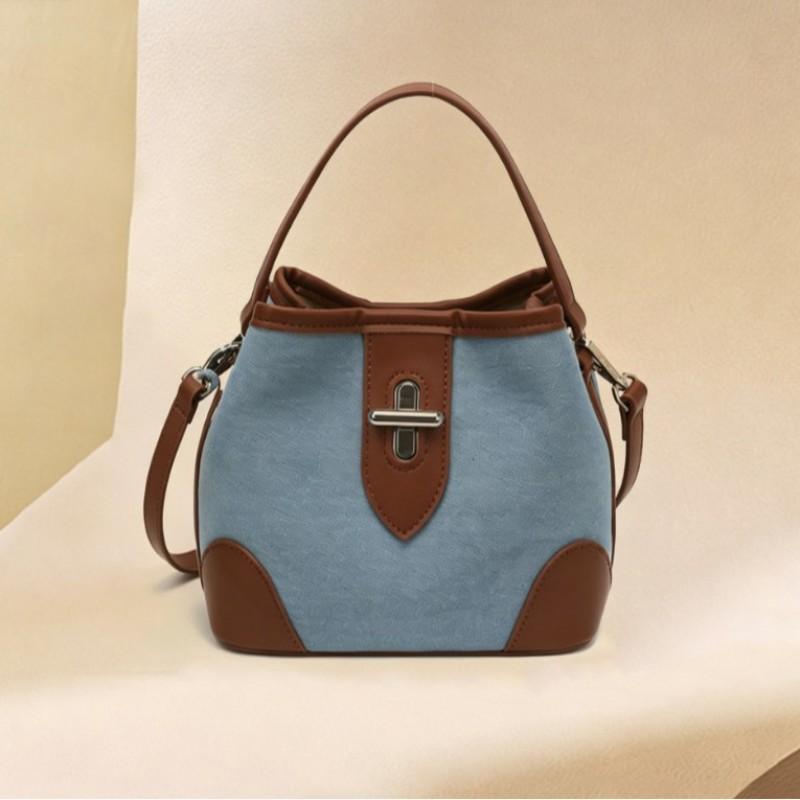 Stylish Denim Bucket Bag Women - Casual Shoulder Tote With Lock PU Leather Blue Brown Combo