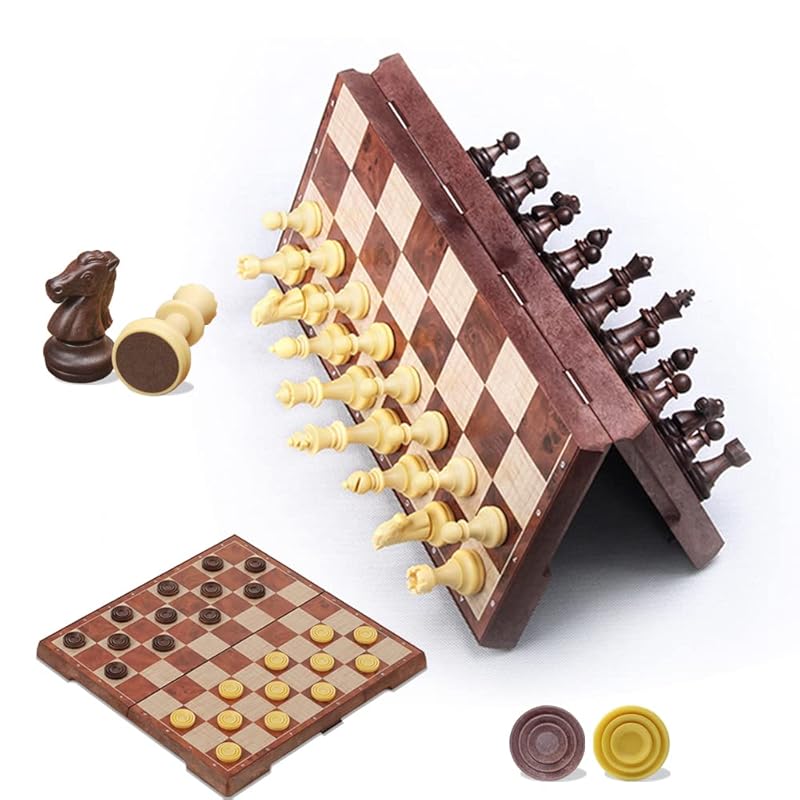 KOKOSUN 2-in-1 Chess/Checkers Set, Magnetic Game Set with Folding Board, Portable (Chess + Checkers Set)