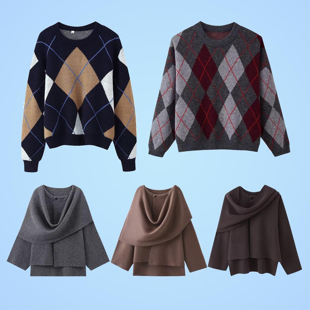 2025za Women's Jacquard Scarf Knit Diamond Plaid Sweater - Round Neck, Autumn/Winter Commuting Top Coat