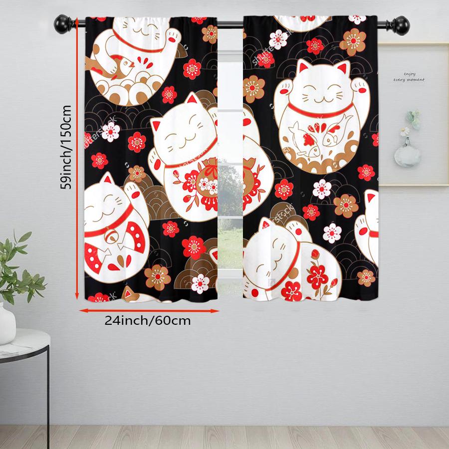 2PCS Digital Print Curtains, Black Maneki Neko Lucky Cat Red Sakura Pattern, Japanese Style for Bedroom Living Room Decor