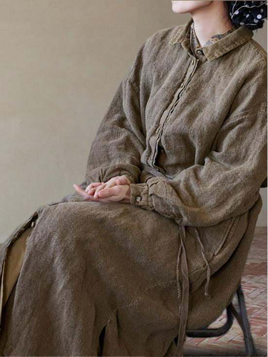 Autumn Barn Wind Trench Coat: Incense Color Ramie Cotton Long Sleeve Versatile Dress Coat C0930