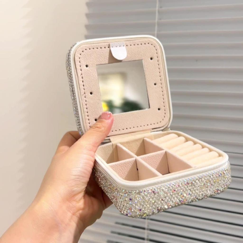 Diamond Jewelry Box with Mirror: Portable Storage for Rings, Earrings, and Necklaces