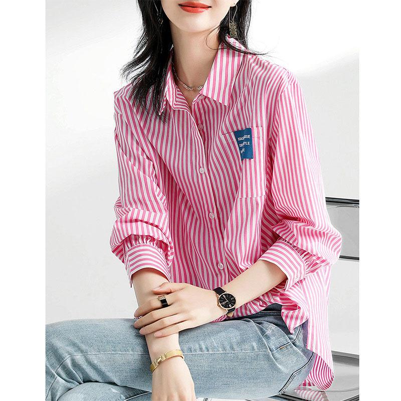 Vintage Casual Striped Printed Women's Shirt Spring Autumn Ladies Turn-down Collar Loose Fashion Long Sleeve Buttos Blouses