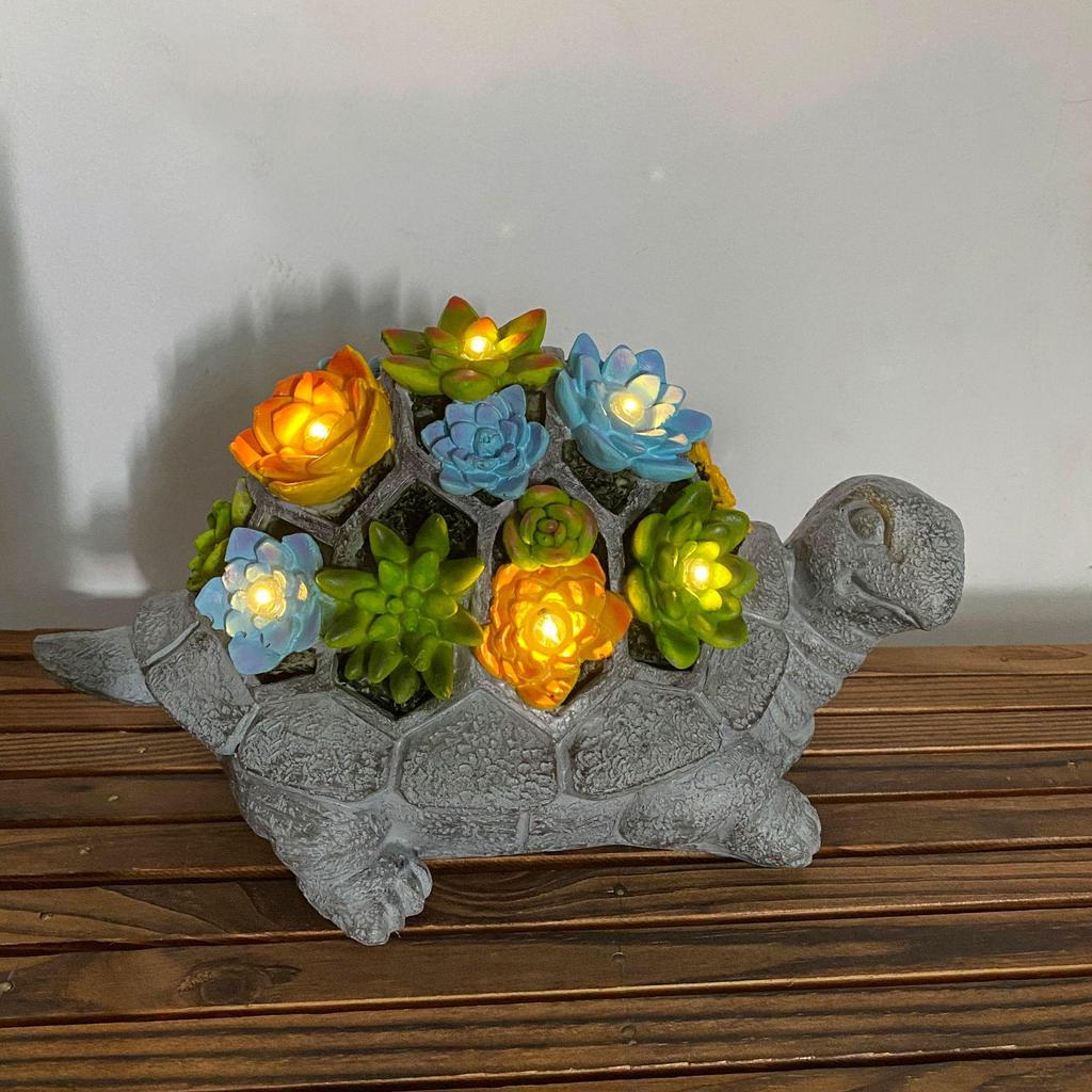 Solar-Powered Resin Succulent Turtle Garden Statue with LED Lights