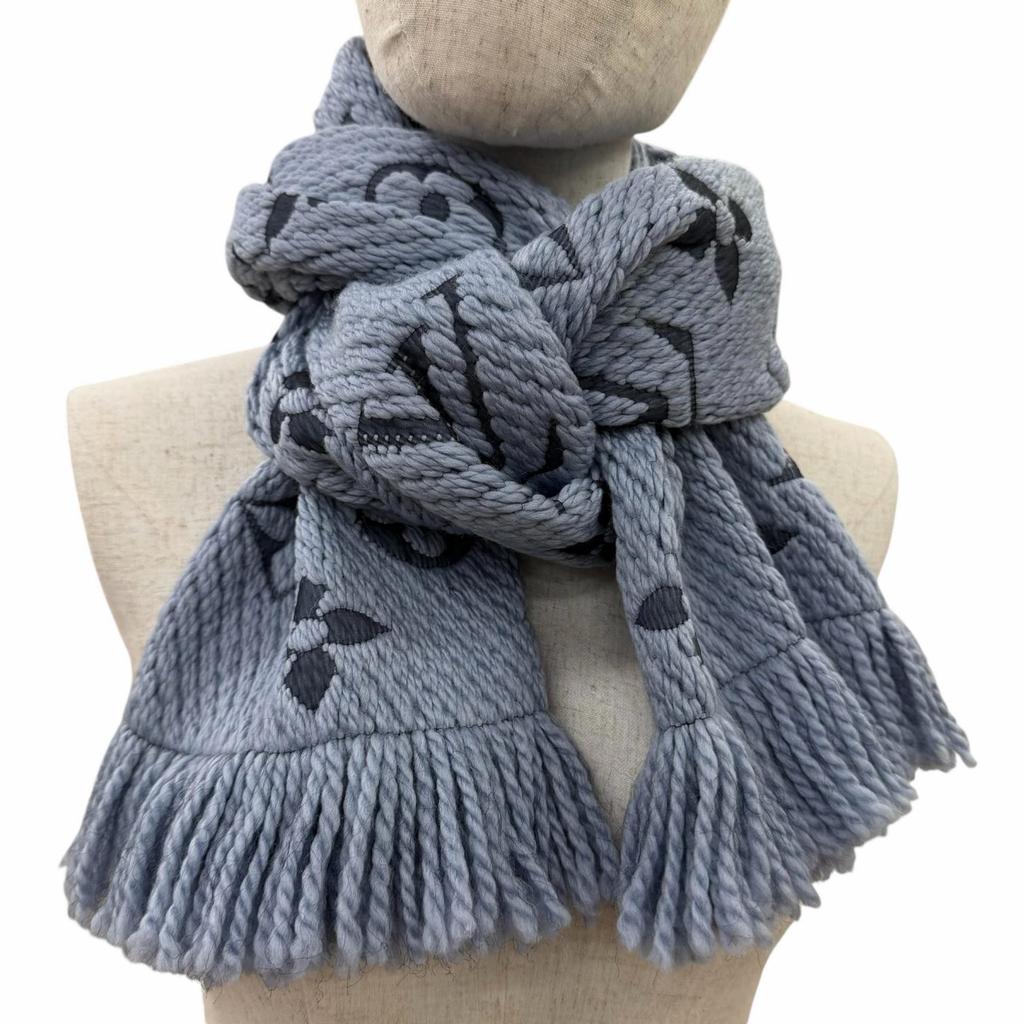 Great LOUIS VUITTON Scarf Escalp Logo Mania With fringe blue wool Women M75702 Used