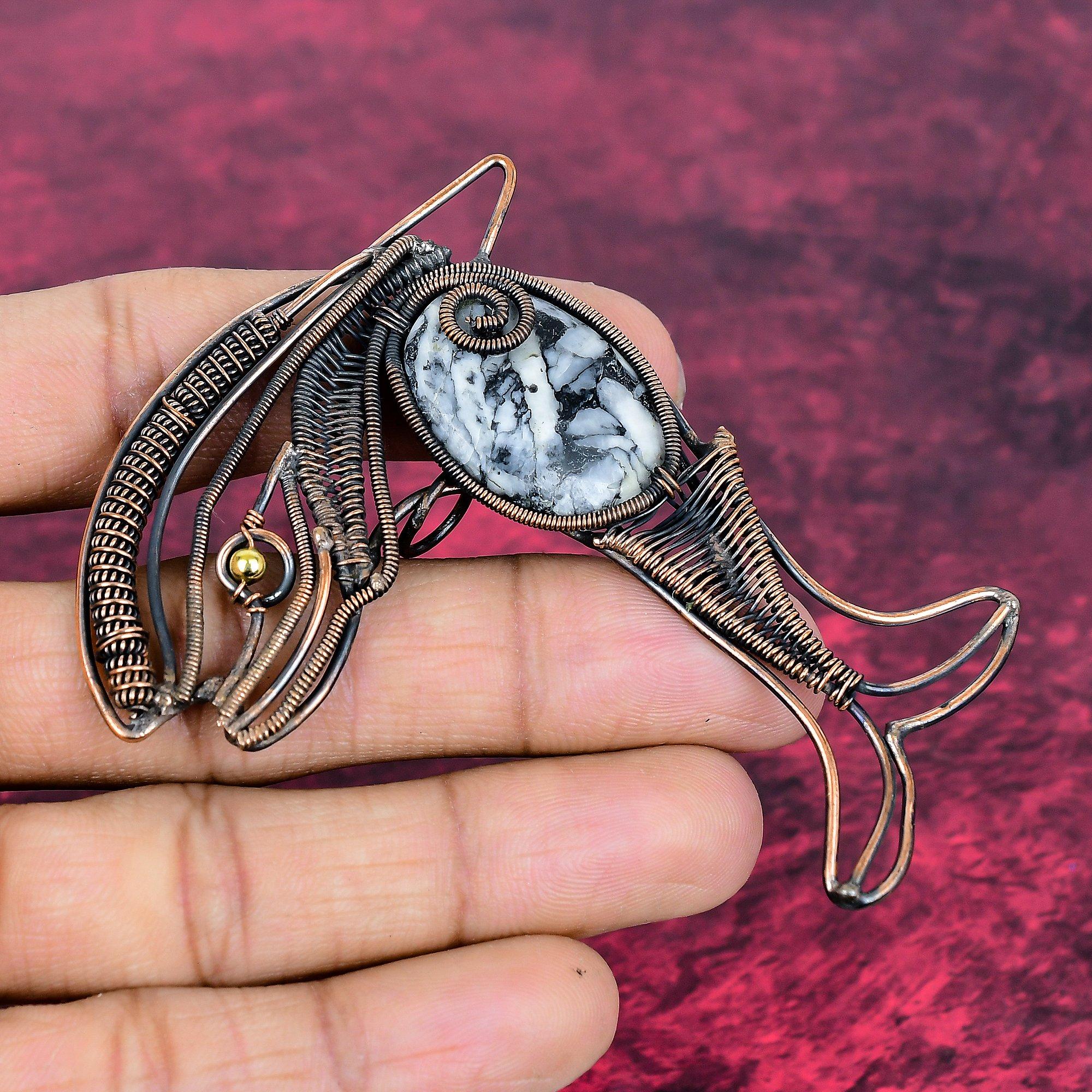 Pinolith Jasper Gemstone Pendant Copper Wire Wrap Fish Pendant Handmade Jewelry