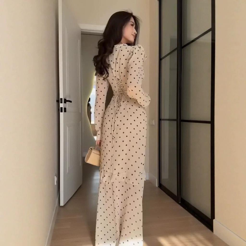 Women's new elegant and gentle wind polka dot button lace V-neck long-sleeved waist split harpoon tail dress