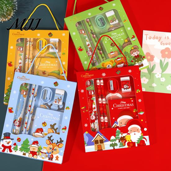 Cute Stationery for School 6PCS Christmas Set, Include Pencils Ruler Sharpener Eraser Pencil Case Gift Sets And Notepad, Cartoon Patterns Print