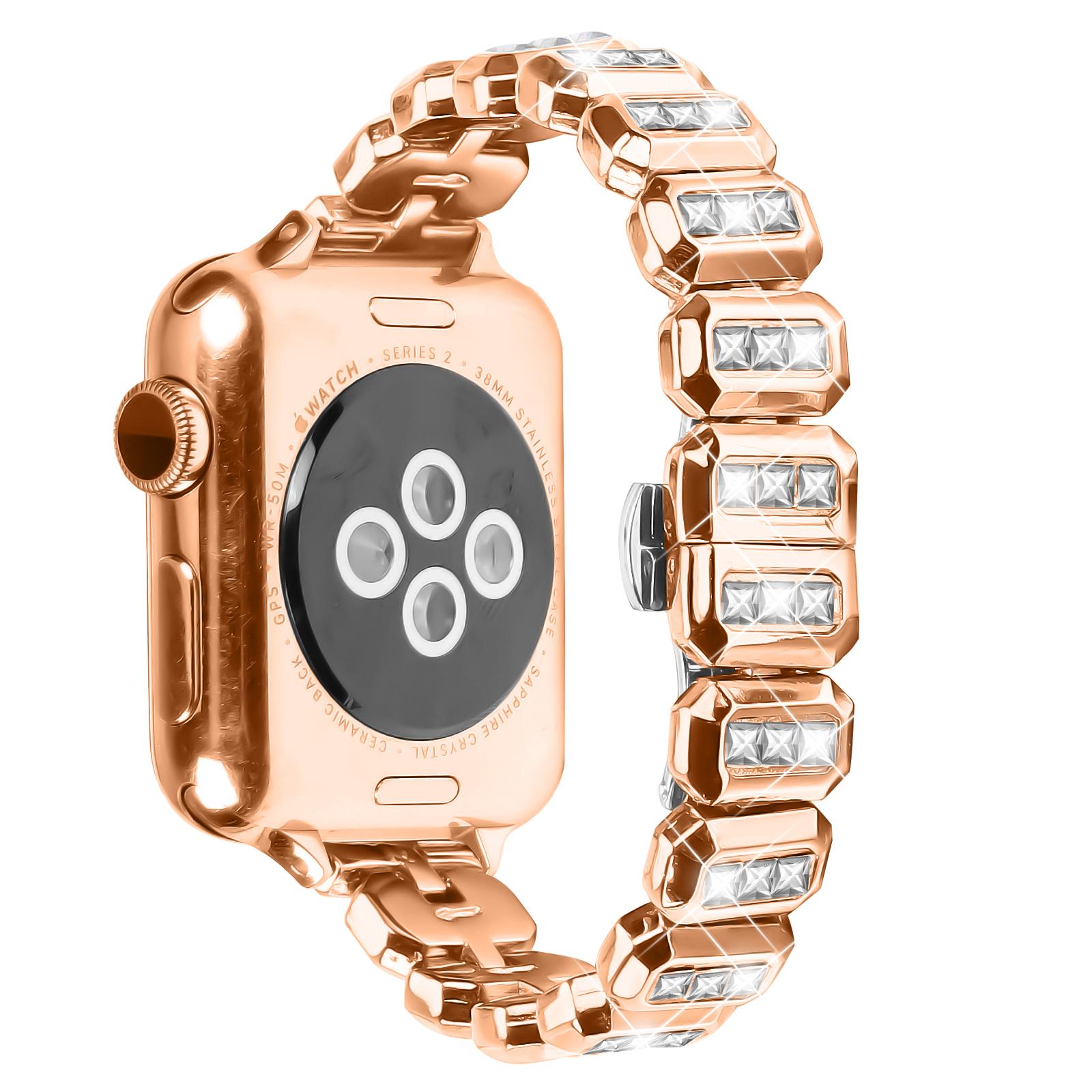 

Металевий ремінець для Apple Watch Series 10 9 8 7 SE 6 5 4 3 2 1 42мм 41мм 40мм 38мм з прикрасою з кристалів та застібкою-метеликом Rose Gold