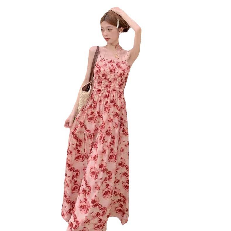 Gentle Island Style Dress Summer New Suspender Floral Pleats Design Sweet Temperament Long Skirt