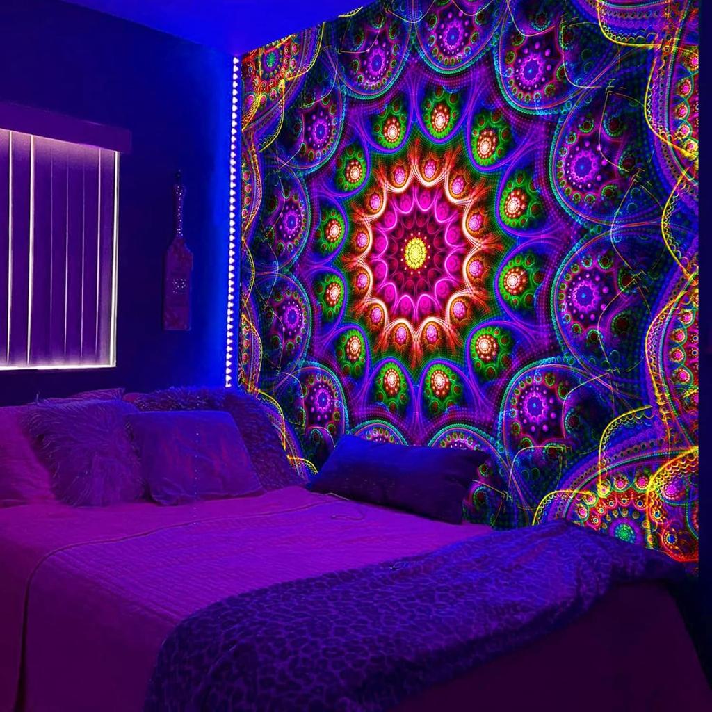 Blacklight Trippy Mandala Tapestry, Boho Black Light Posters for Adults UV Reactive Room Decor for Bedroom Wall