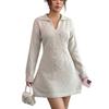 Women Autumn Winter Polo Collar Knit Mini Dress, 3D Floral Embroidery Long Sleeve Slim Waist Bodycon Short Sweater Dress