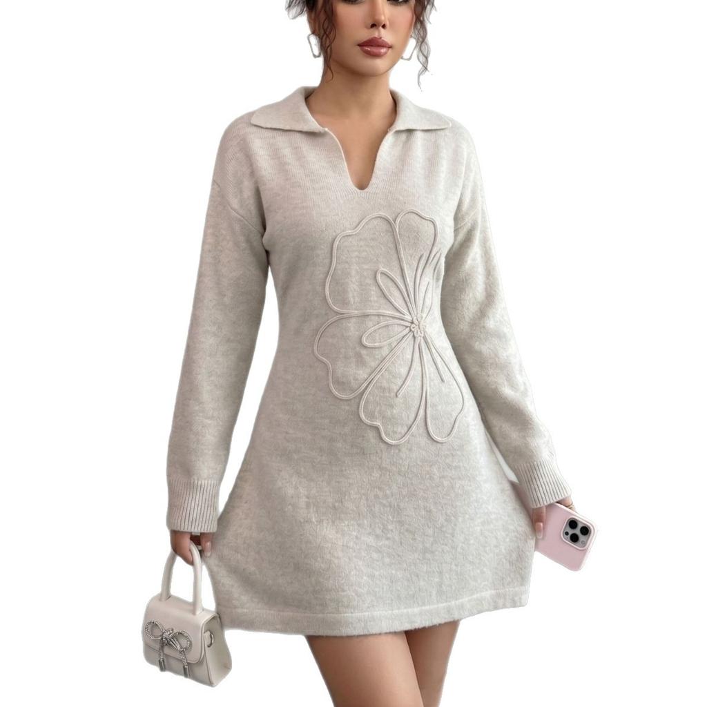 Women Autumn Winter Polo Collar Knit Mini Dress, 3D Floral Embroidery Long Sleeve Slim Waist Bodycon Short Sweater Dress